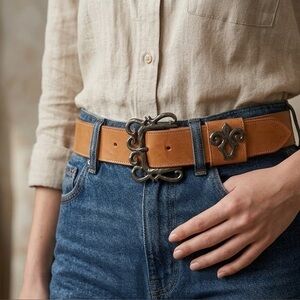 Pastille Handcrafted Tan Leather Belt Fleur De Lis Made In USA Size M